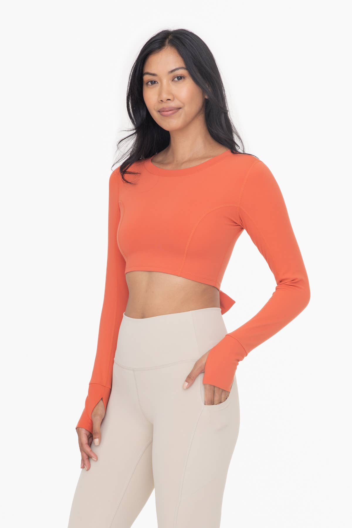 Cropped Long-Sleeve Top With Tie-Back: BLUE PALM