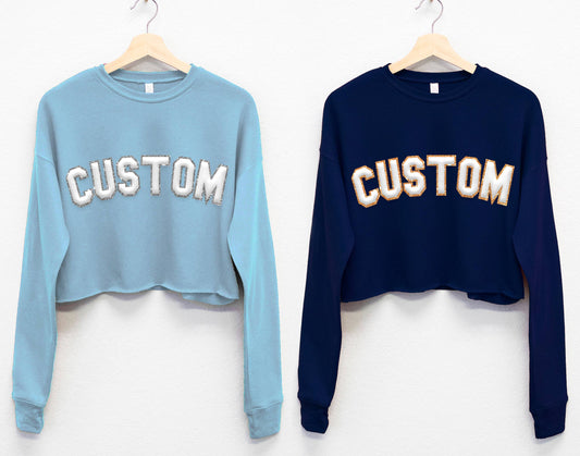 Nobullwoman Apparel - CUSTOM Embossed BLOCK Puff Print & GLITTER Crop Sweatshirt: Baby Blue / L