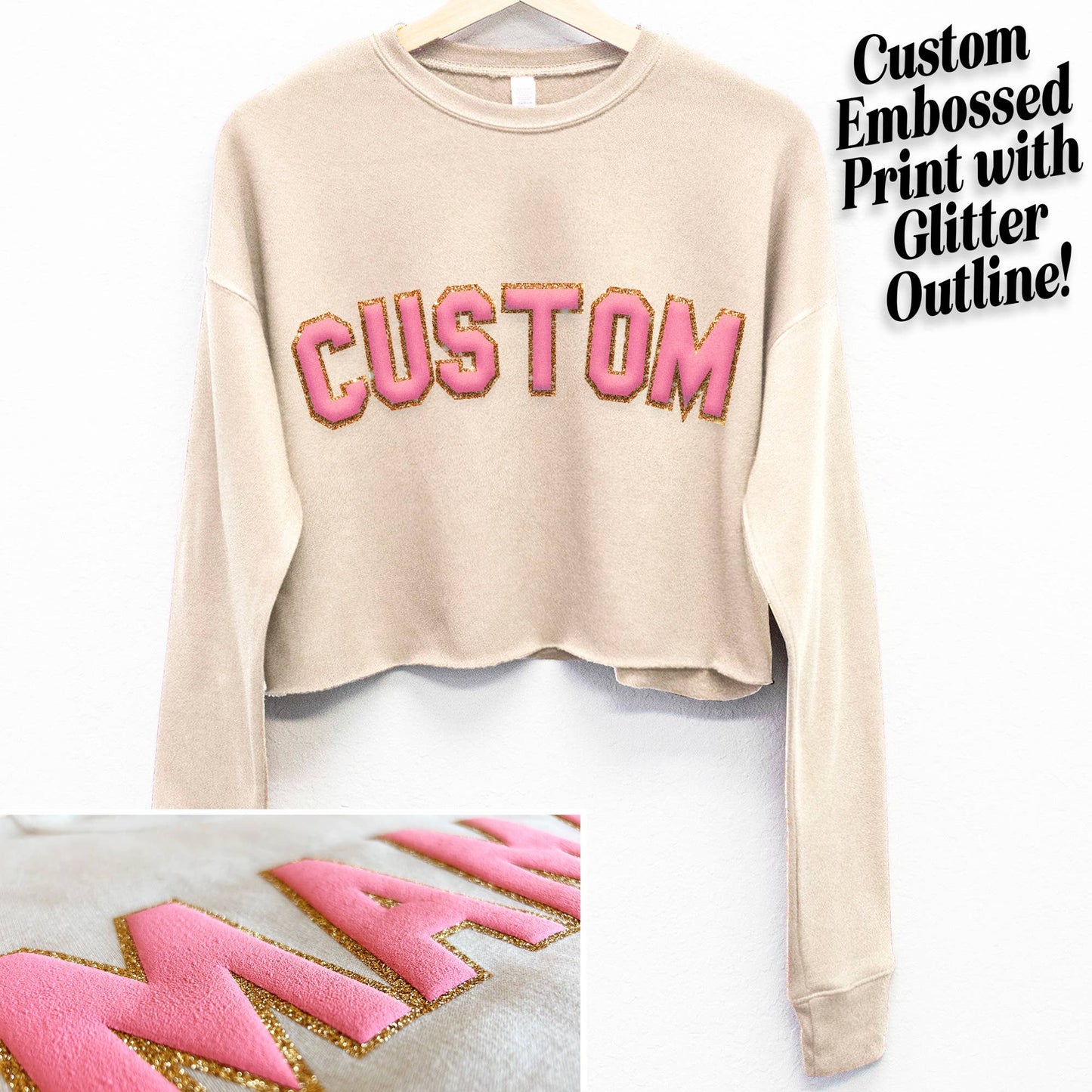 Nobullwoman Apparel - CUSTOM Embossed BLOCK Puff Print & GLITTER Crop Sweatshirt: Hot Pink / L