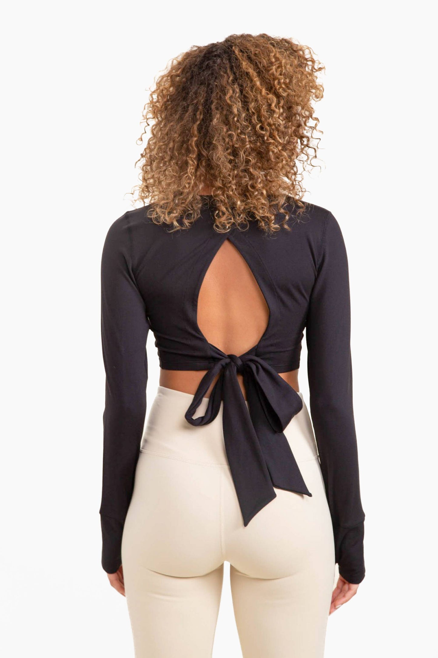 Cropped Long-Sleeve Top With Tie-Back: BLUE PALM