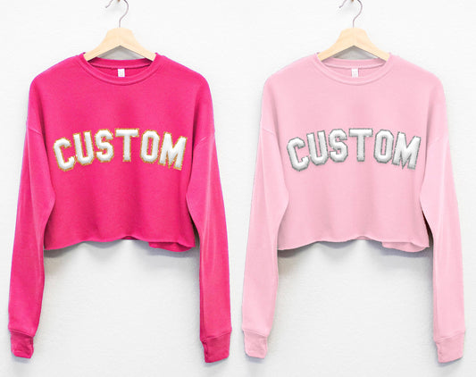 Nobullwoman Apparel - CUSTOM Embossed BLOCK Puff Print & GLITTER Crop Sweatshirt: Hot Pink / S